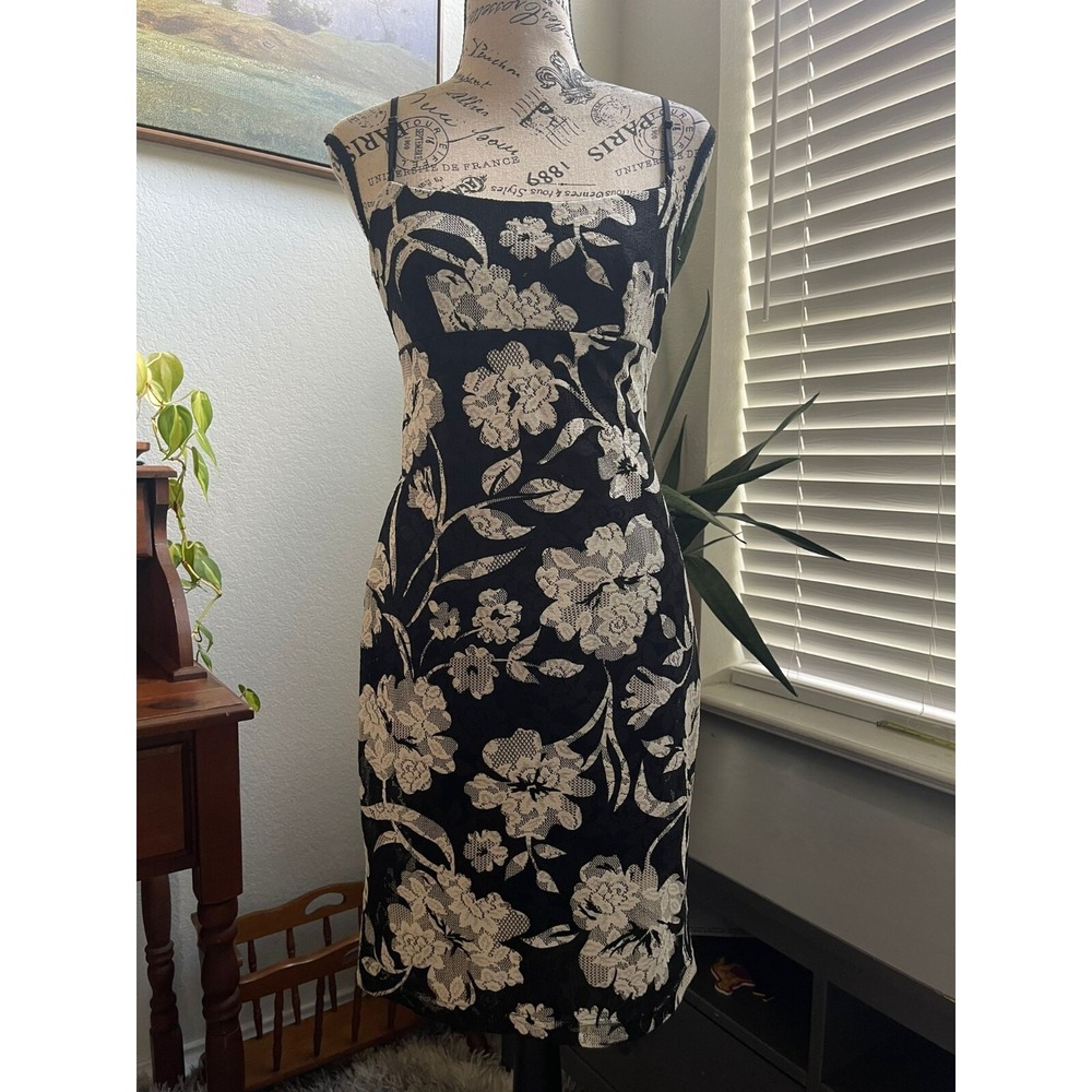 Vtg Jodi Kristopher‎ Midi Dress Black Floral S Goth Romantic Lace Y2k Prom Sexy